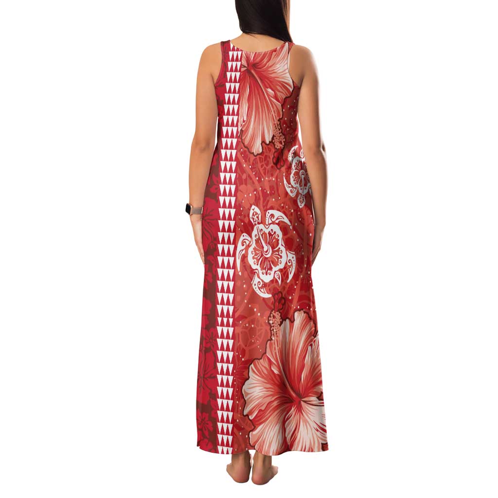 Red Hibiscus Turle Tank Maxi Dress Hawaiian Style Tribal Tapa Pattern