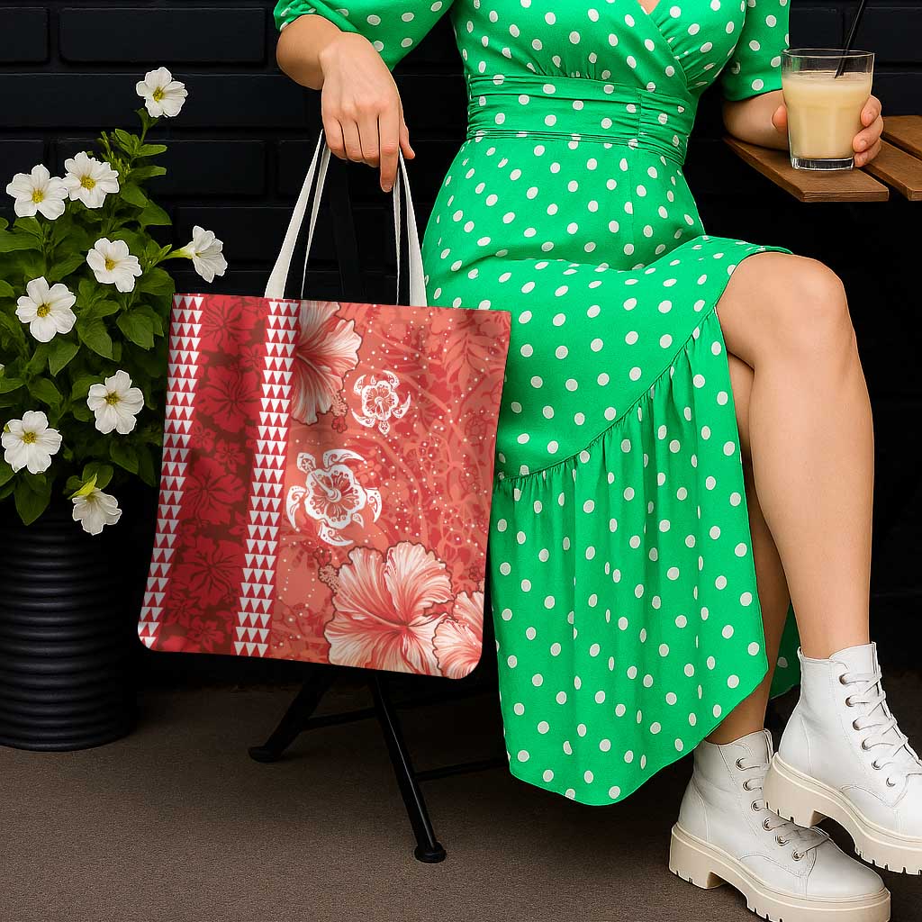 Red Hibiscus Turle Tote Bag Hawaiian Style Tribal Tapa Pattern - Polynesian Pride