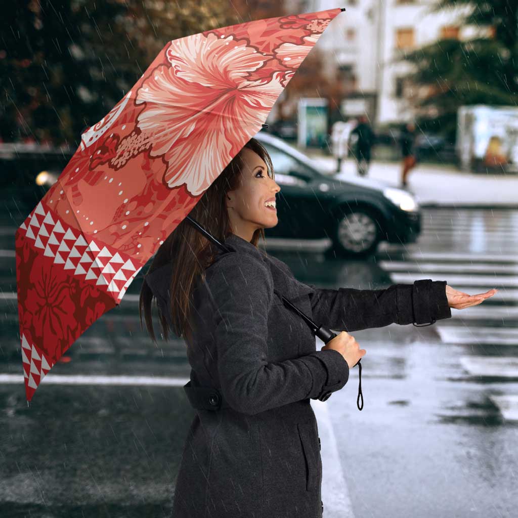 Red Hibiscus Turle Umbrella Hawaiian Style Tribal Tapa Pattern - Polynesian Pride