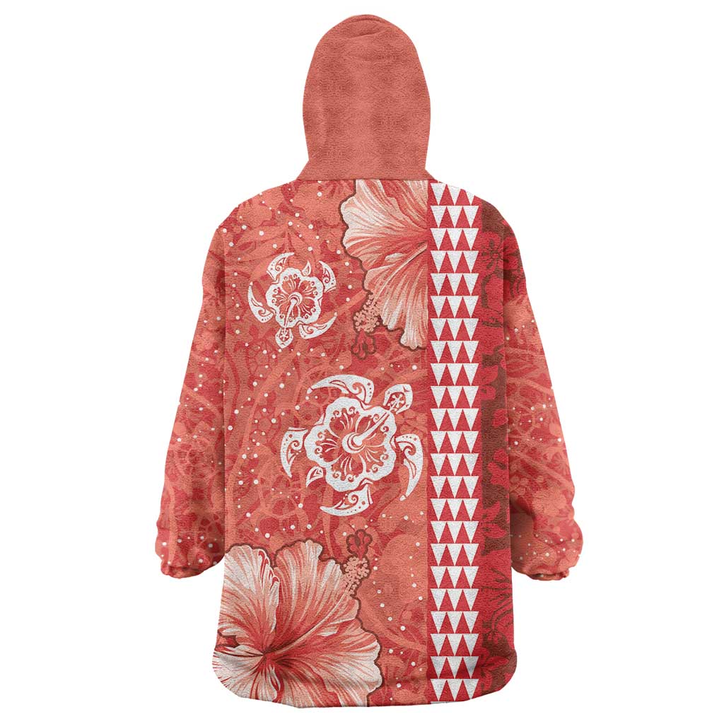 Red Hibiscus Turle Wearable Blanket Hoodie Hawaiian Style Tribal Tapa Pattern
