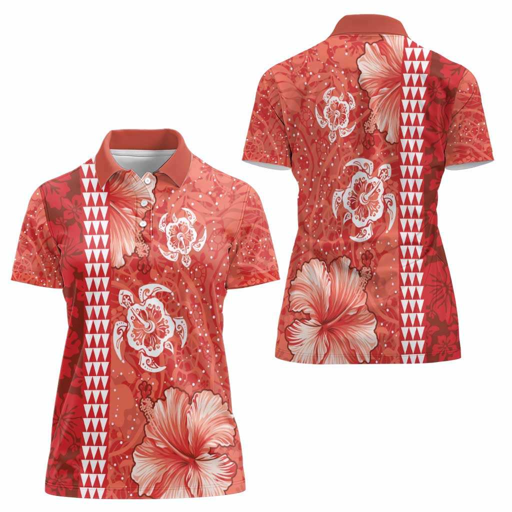 Red Hibiscus Turle Women Polo Shirt Hawaiian Style Tribal Tapa Pattern