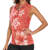 Red Hibiscus Turle Women Sleeveless Polo Shirt Hawaiian Style Tribal Tapa Pattern