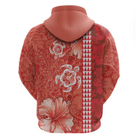 Red Hibiscus Turle Zip Hoodie Hawaiian Style Tribal Tapa Pattern
