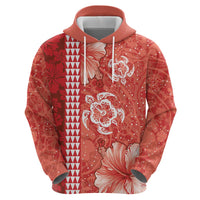 Red Hibiscus Turle Zip Hoodie Hawaiian Style Tribal Tapa Pattern