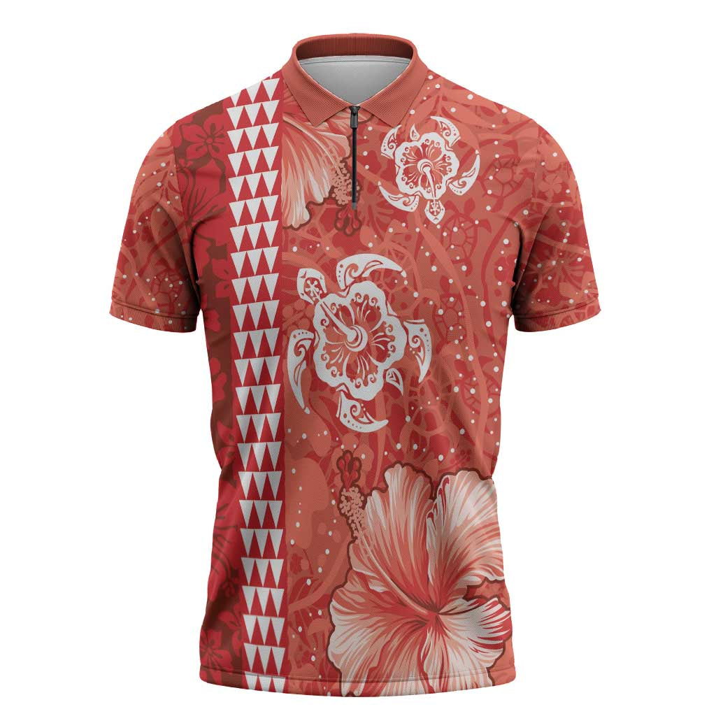 Red Hibiscus Turle Zipper Polo Shirt Hawaiian Style Tribal Tapa Pattern - Polynesian Pride