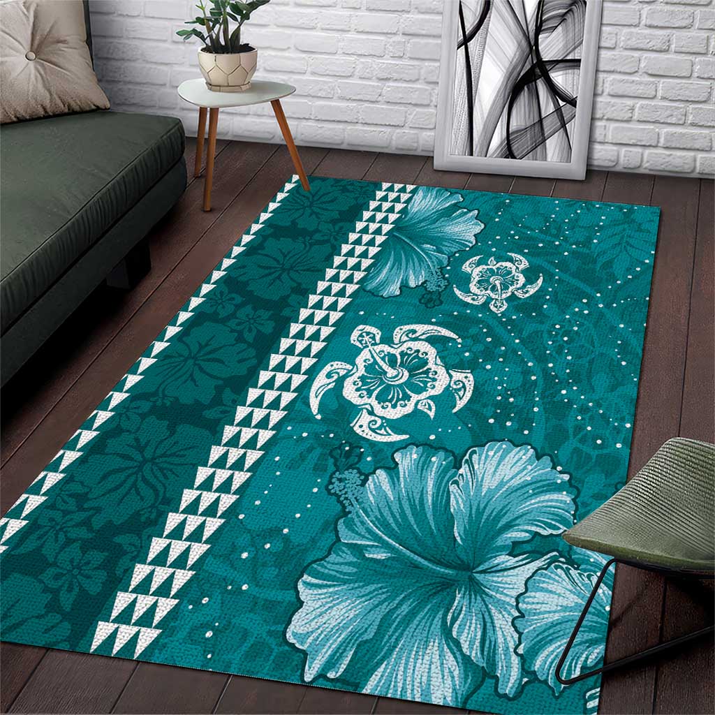 Teal Hibiscus Turle Area Rug Hawaiian Style Tribal Tapa Pattern