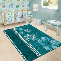 Teal Hibiscus Turle Area Rug Hawaiian Style Tribal Tapa Pattern