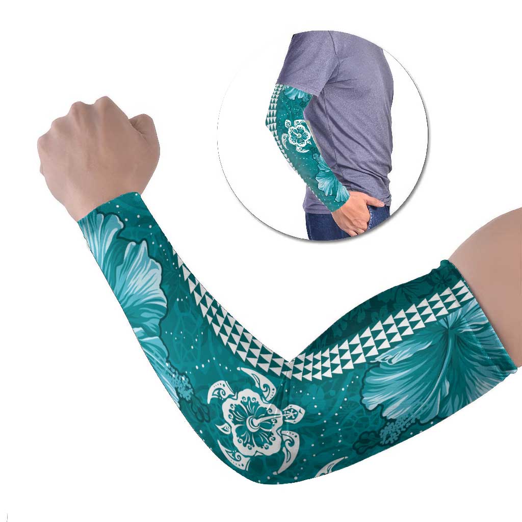 Teal Hibiscus Turle Arm Sleeves Hawaiian Style Tribal Tapa Pattern - Polynesian Pride