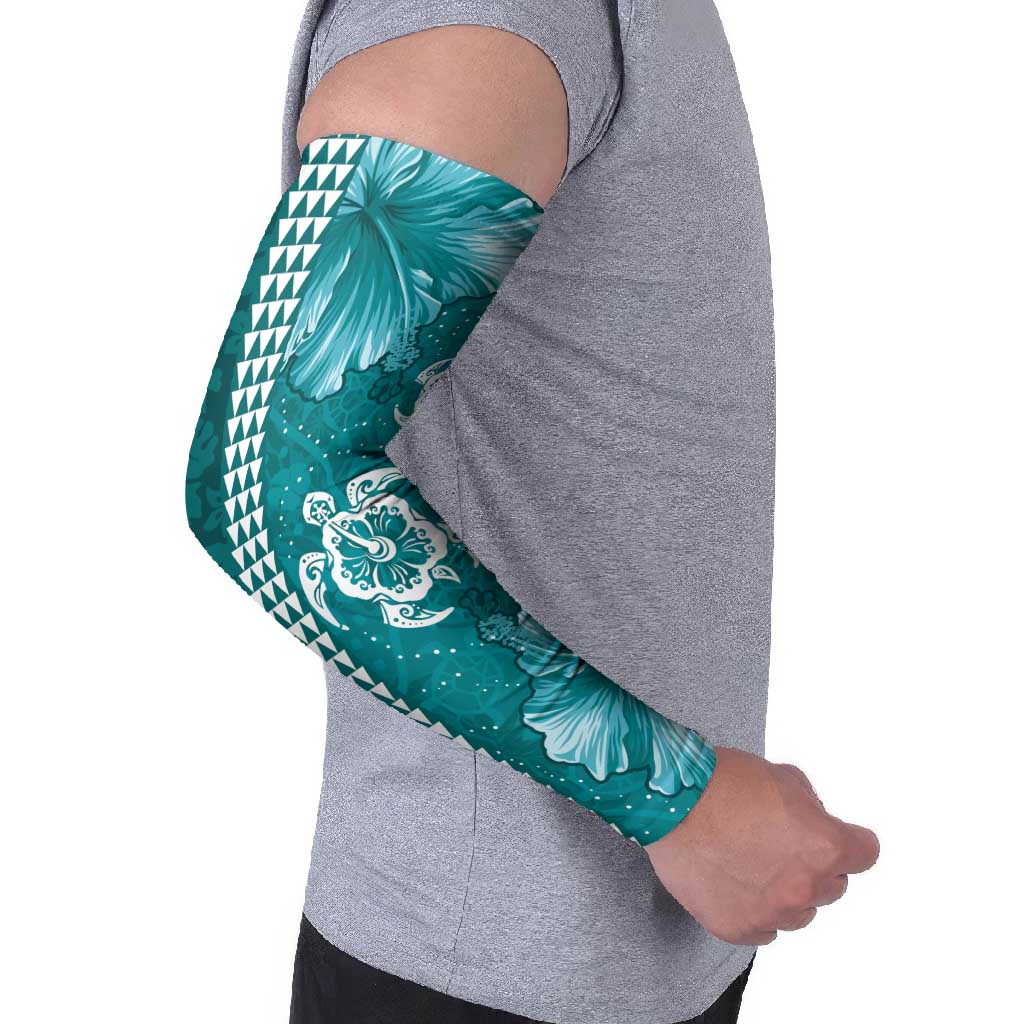 Teal Hibiscus Turle Arm Sleeves Hawaiian Style Tribal Tapa Pattern - Polynesian Pride
