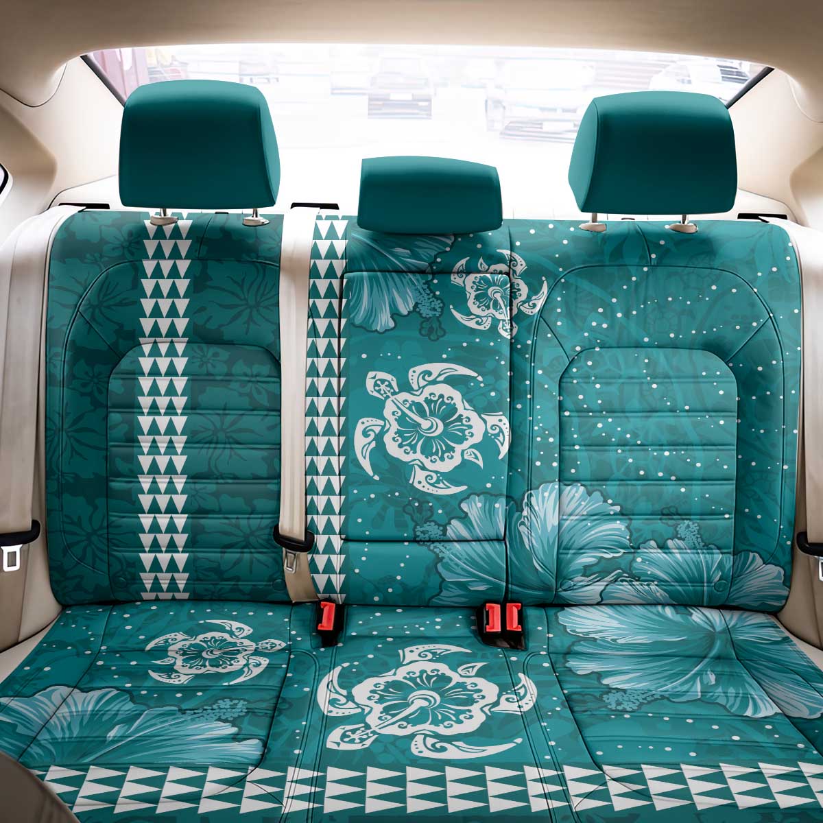 Teal Hibiscus Turle Back Car Seat Cover Hawaiian Style Tribal Tapa Pattern