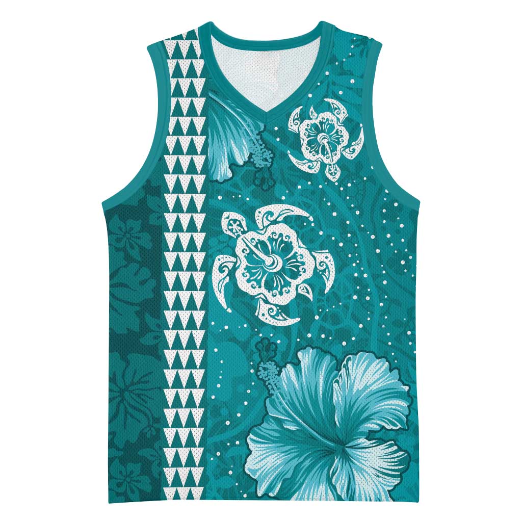 Teal Hibiscus Turle Basketball Jersey Hawaiian Style Tribal Tapa Pattern - Polynesian Pride
