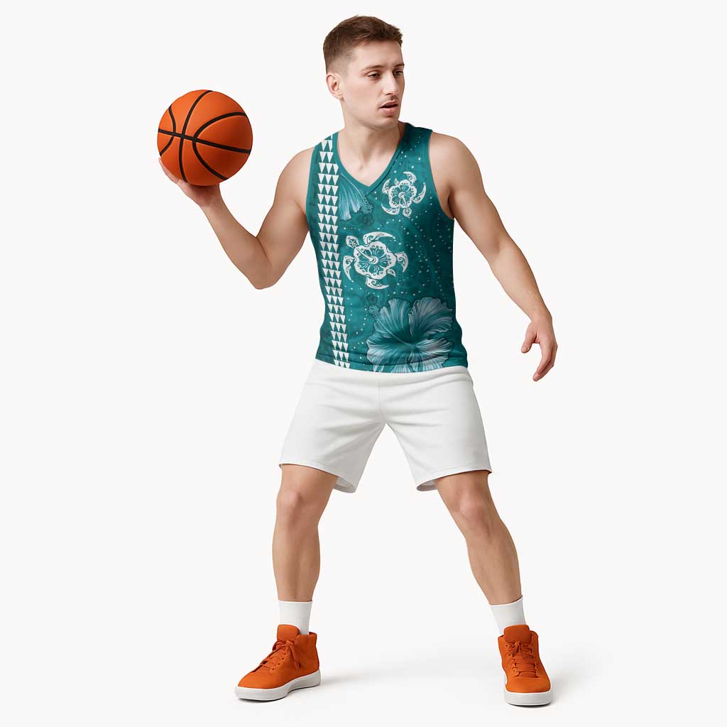 Teal Hibiscus Turle Basketball Jersey Hawaiian Style Tribal Tapa Pattern - Polynesian Pride
