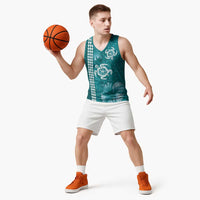 Teal Hibiscus Turle Basketball Jersey Hawaiian Style Tribal Tapa Pattern - Polynesian Pride