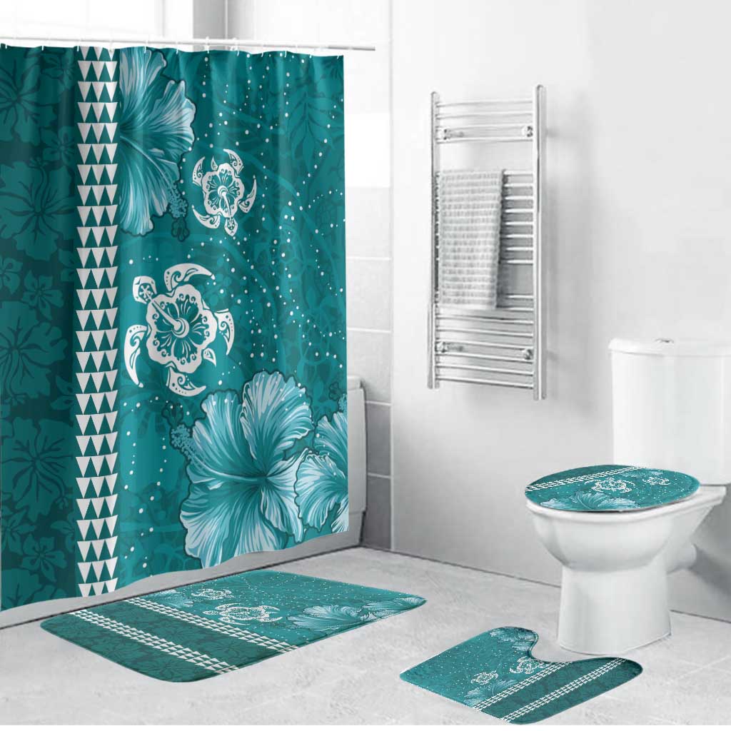 Teal Hibiscus Turle Bathroom Set Hawaiian Style Tribal Tapa Pattern - Polynesian Pride