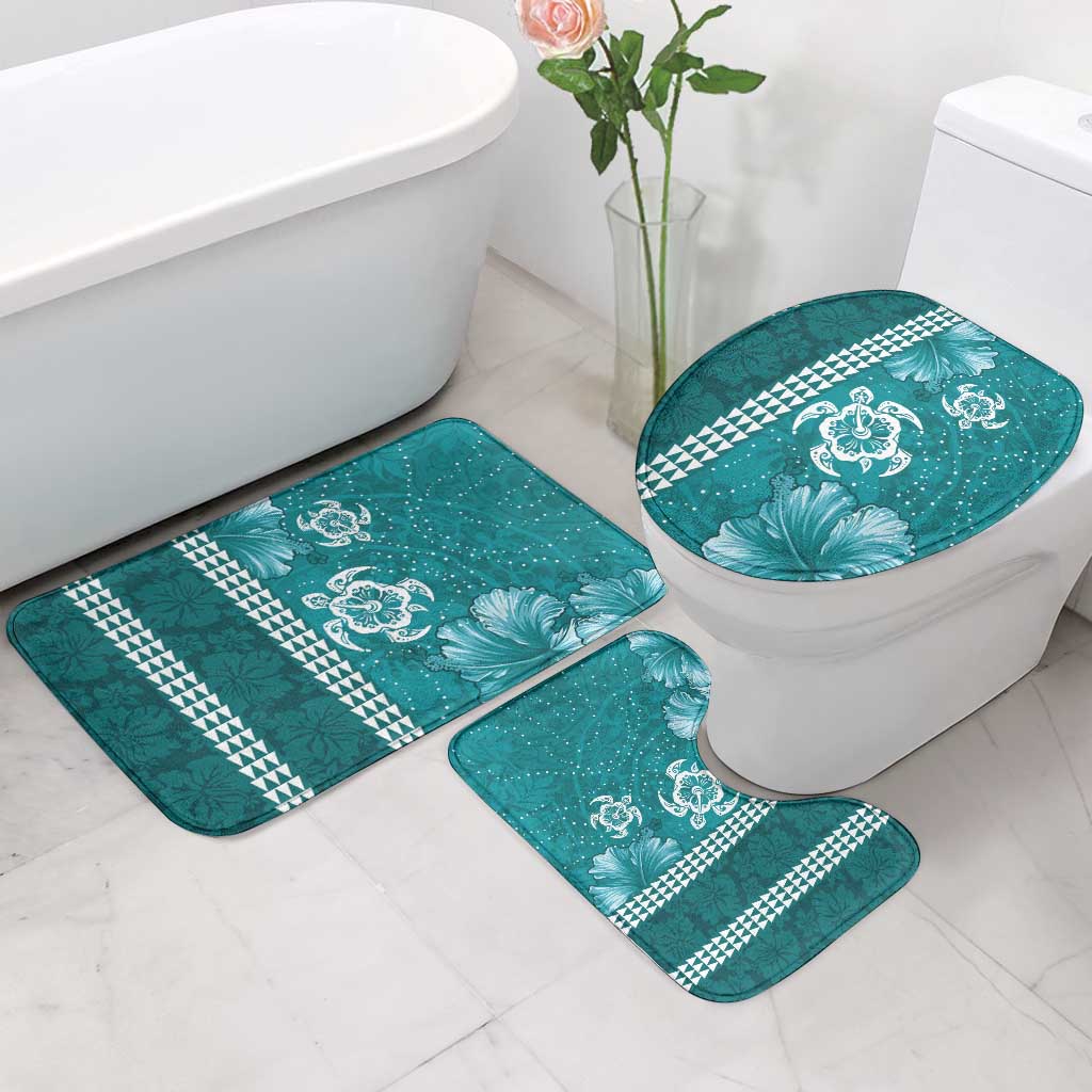 Teal Hibiscus Turle Bathroom Set Hawaiian Style Tribal Tapa Pattern - Polynesian Pride