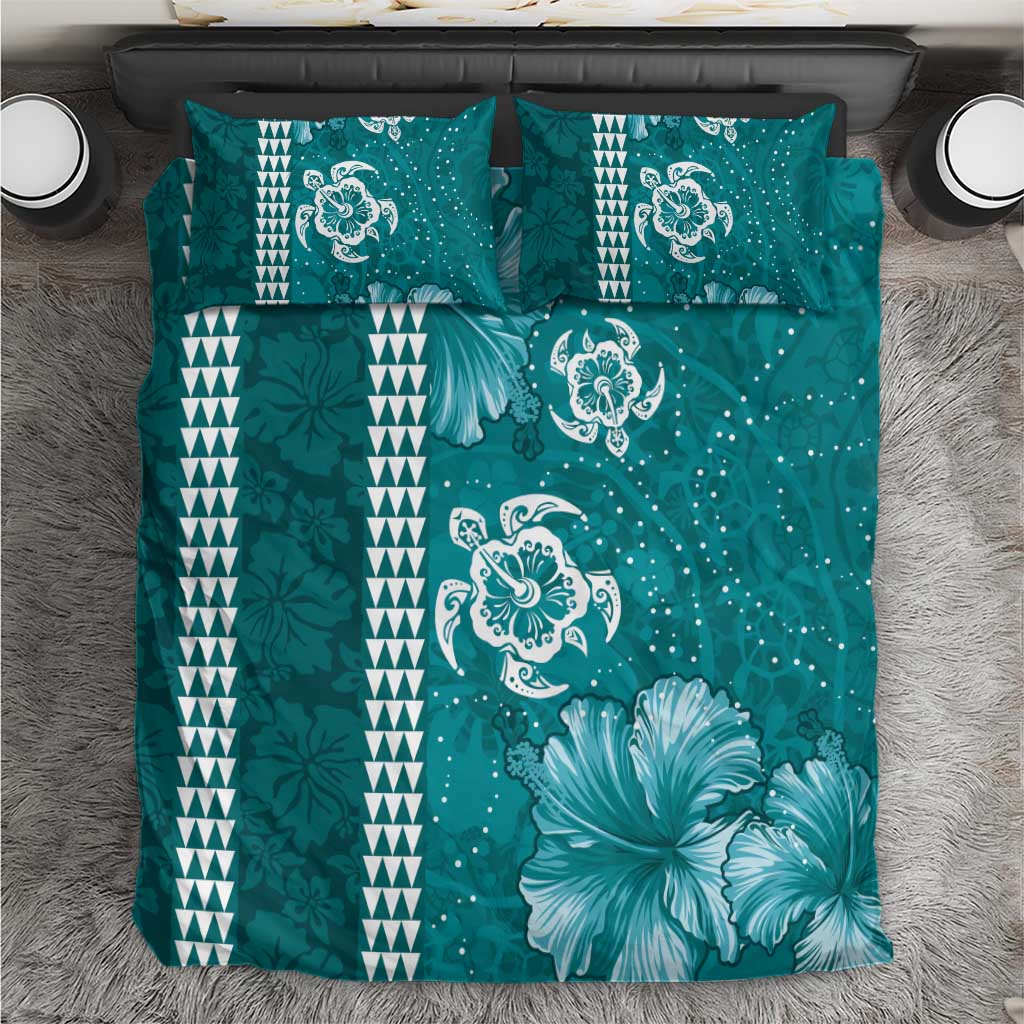 Teal Hibiscus Turle Bedding Set Hawaiian Style Tribal Tapa Pattern