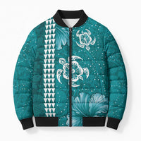 Teal Hibiscus Turle Bomber Puffer Jacket Hawaiian Style Tribal Tapa Pattern - Polynesian Pride