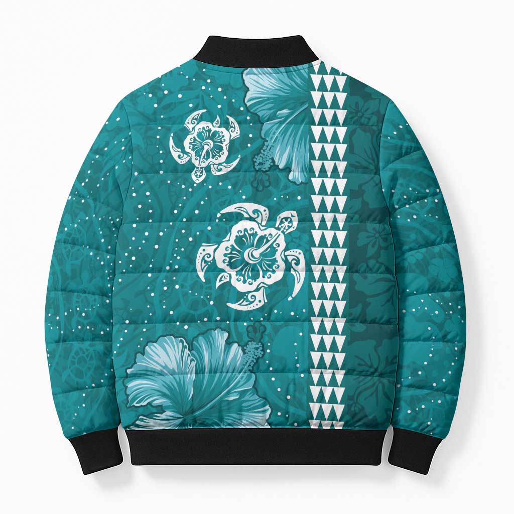 Teal Hibiscus Turle Bomber Puffer Jacket Hawaiian Style Tribal Tapa Pattern - Polynesian Pride