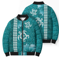 Teal Hibiscus Turle Bomber Puffer Jacket Hawaiian Style Tribal Tapa Pattern - Polynesian Pride