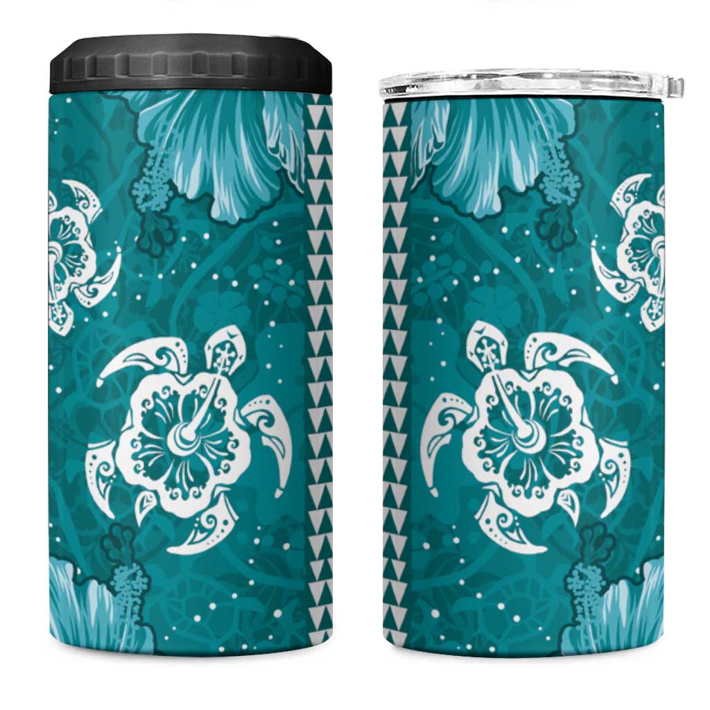 Teal Hibiscus Turle 4 in 1 Can Cooler Tumbler Hawaiian Style Tribal Tapa Pattern