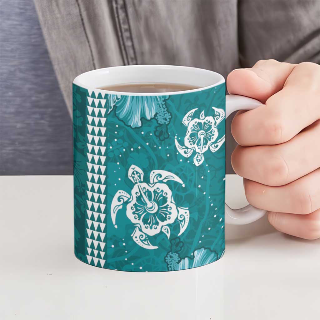 Teal Hibiscus Turle Ceramic Mug Hawaiian Style Tribal Tapa Pattern - Polynesian Pride