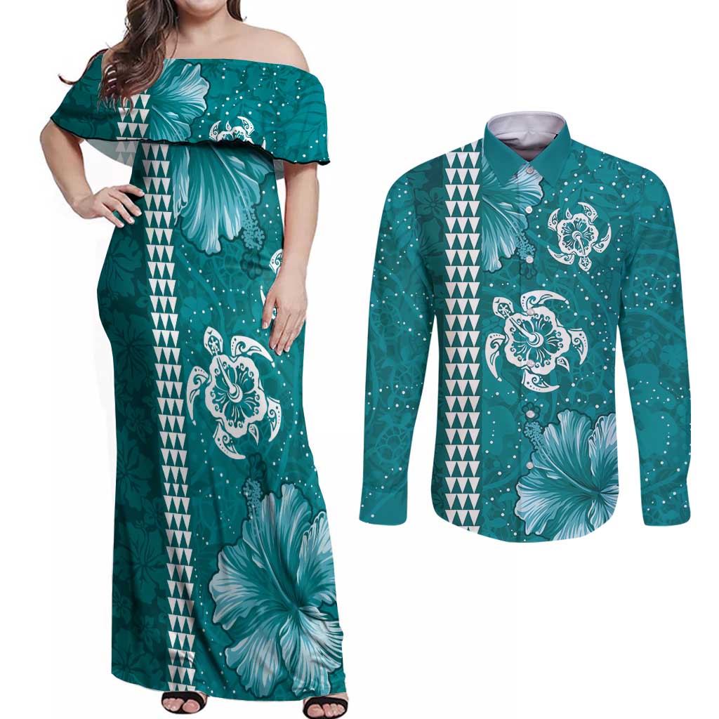 Teal Hibiscus Turle Couples Matching Off Shoulder Maxi Dress and Long Sleeve Button Shirt Hawaiian Style Tribal Tapa Pattern LT9 Teal - Polynesian Pride