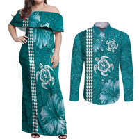Teal Hibiscus Turle Couples Matching Off Shoulder Maxi Dress and Long Sleeve Button Shirt Hawaiian Style Tribal Tapa Pattern LT9 Teal - Polynesian Pride