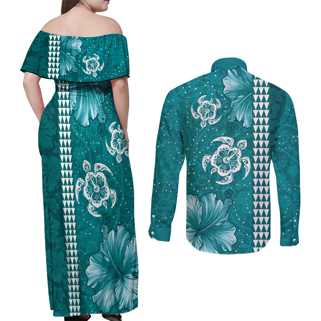 Teal Hibiscus Turle Couples Matching Off Shoulder Maxi Dress and Long Sleeve Button Shirt Hawaiian Style Tribal Tapa Pattern LT9 - Polynesian Pride