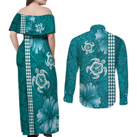 Teal Hibiscus Turle Couples Matching Off Shoulder Maxi Dress and Long Sleeve Button Shirt Hawaiian Style Tribal Tapa Pattern LT9 - Polynesian Pride
