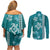Teal Hibiscus Turle Couples Matching Off Shoulder Short Dress and Long Sleeve Button Shirt Hawaiian Style Tribal Tapa Pattern