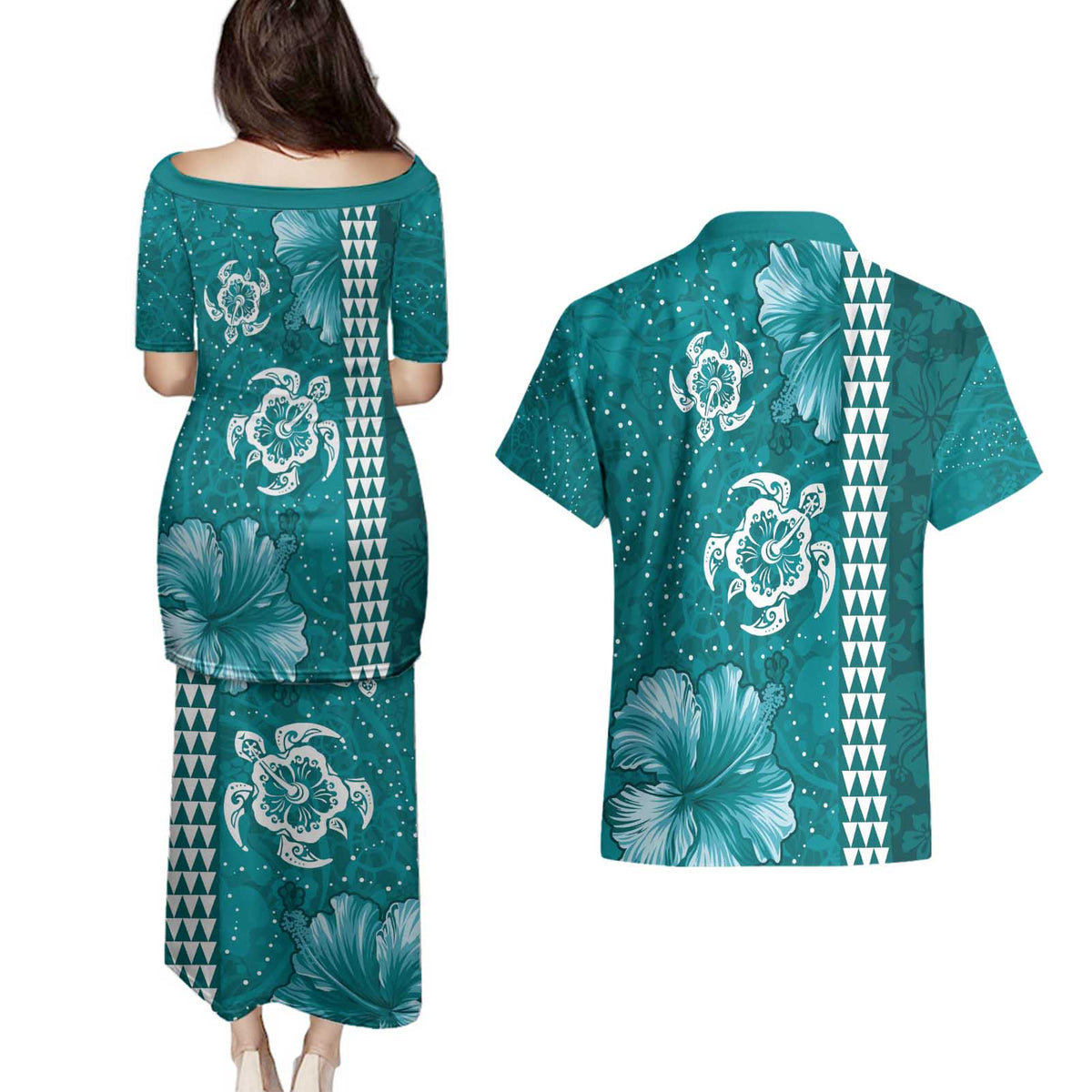 Teal Hibiscus Turle Couples Matching Puletasi and Hawaiian Shirt Hawaiian Style Tribal Tapa Pattern