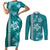 Teal Hibiscus Turle Couples Matching Short Sleeve Bodycon Dress and Long Sleeve Button Shirt Hawaiian Style Tribal Tapa Pattern