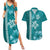 Teal Hibiscus Turle Couples Matching Summer Maxi Dress and Hawaiian Shirt Hawaiian Style Tribal Tapa Pattern