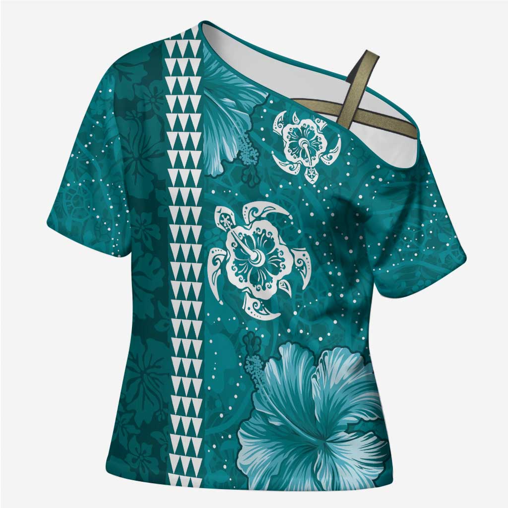 Teal Hibiscus Turle Cross Shoulder Shirt Hawaiian Style Tribal Tapa Pattern - Polynesian Pride