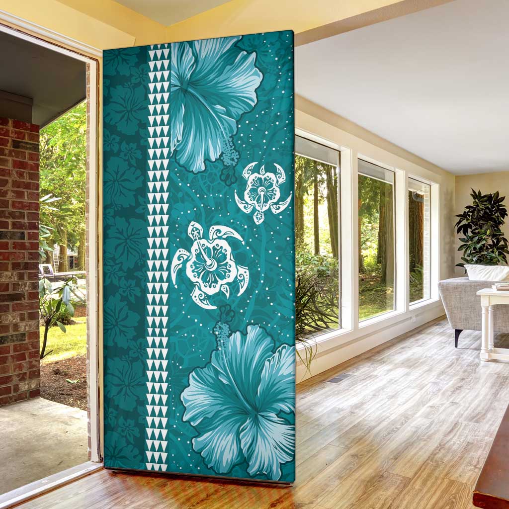 Teal Hibiscus Turle Door Cover Hawaiian Style Tribal Tapa Pattern - Polynesian Pride
