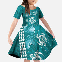 Teal Hibiscus Turle Family Matching Long Sleeve Bodycon Dress and Hawaiian Shirt Hawaiian Style Tribal Tapa Pattern LT9 Daughter's Dress Teal - Polynesian Pride
