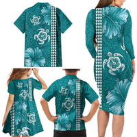 Teal Hibiscus Turle Family Matching Long Sleeve Bodycon Dress and Hawaiian Shirt Hawaiian Style Tribal Tapa Pattern LT9 - Polynesian Pride