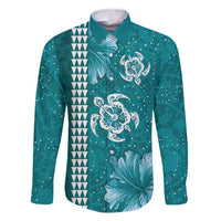 Teal Hibiscus Turle Family Matching Long Sleeve Bodycon Dress and Hawaiian Shirt Hawaiian Style Tribal Tapa Pattern LT9 Dad's Shirt - Long Sleeve Teal - Polynesian Pride