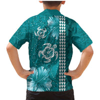 Teal Hibiscus Turle Family Matching Mermaid Dress and Hawaiian Shirt Hawaiian Style Tribal Tapa Pattern LT9 - Polynesian Pride