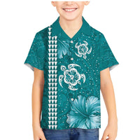 Teal Hibiscus Turle Family Matching Mermaid Dress and Hawaiian Shirt Hawaiian Style Tribal Tapa Pattern LT9 Son's Shirt Teal - Polynesian Pride