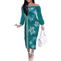 Teal Hibiscus Turle Family Matching Off The Shoulder Long Sleeve Dress and Hawaiian Shirt Hawaiian Style Tribal Tapa Pattern LT9 Mom's Dress Teal - Polynesian Pride