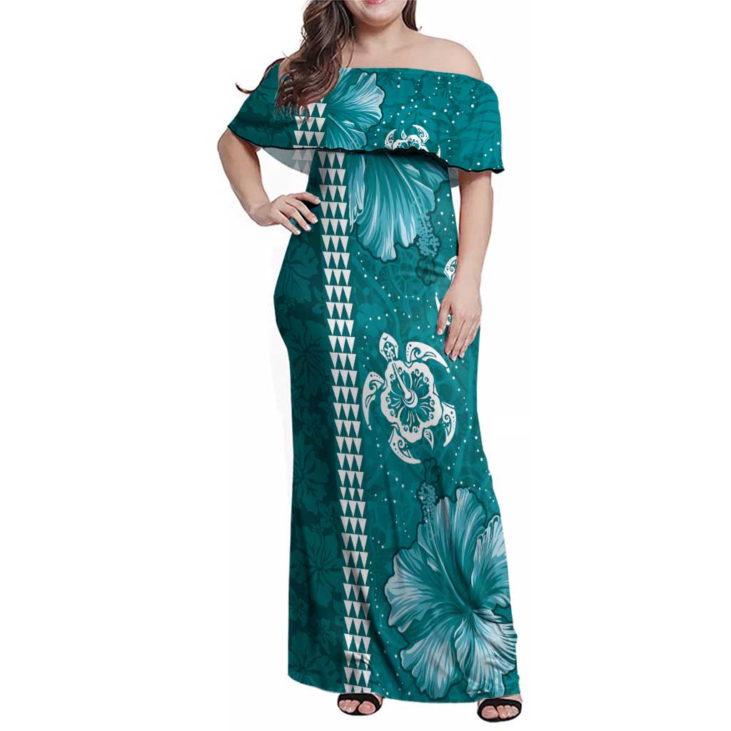 Teal Hibiscus Turle Family Matching Off Shoulder Maxi Dress and Hawaiian Shirt Hawaiian Style Tribal Tapa Pattern