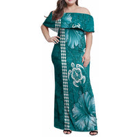 Teal Hibiscus Turle Family Matching Off Shoulder Maxi Dress and Hawaiian Shirt Hawaiian Style Tribal Tapa Pattern