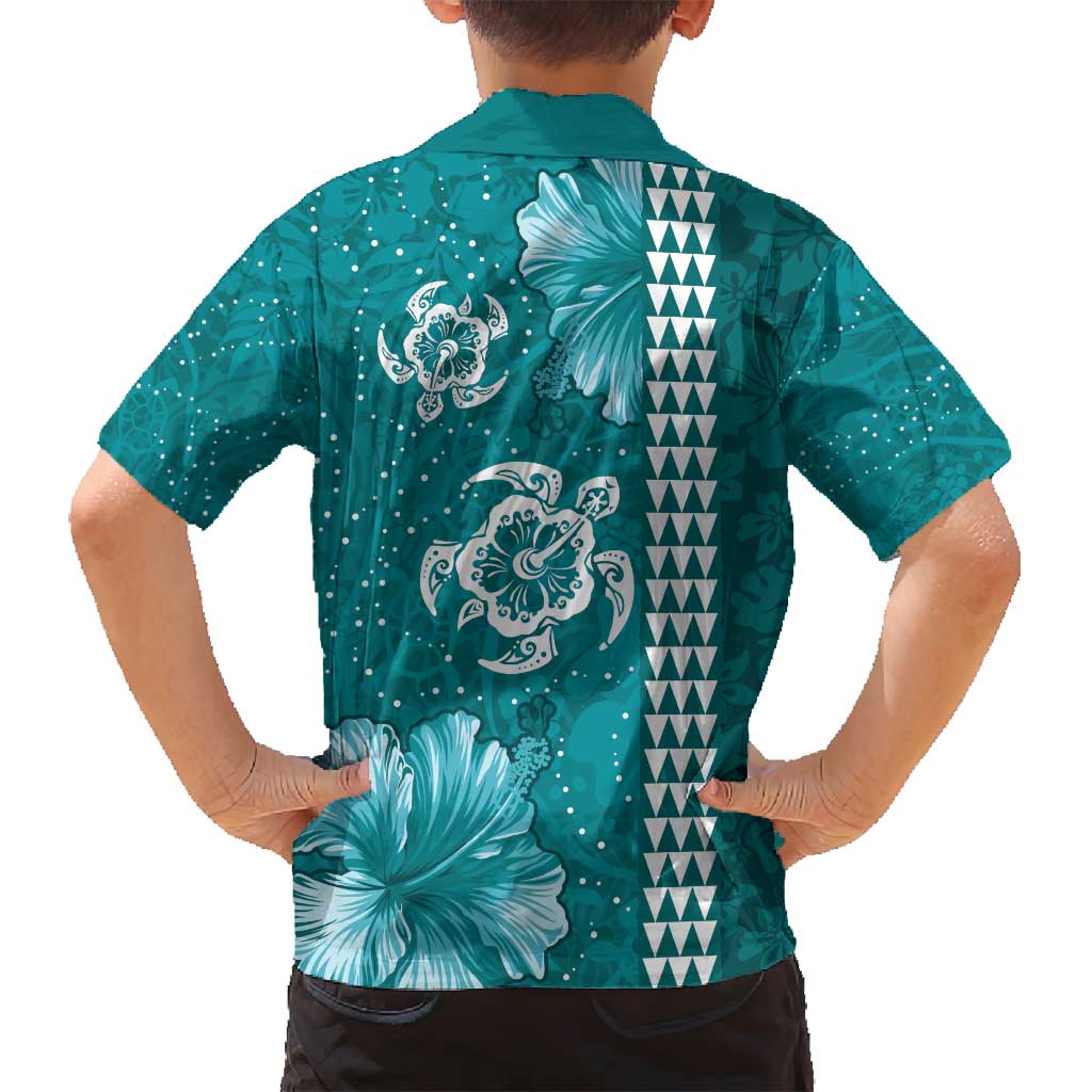 Teal Hibiscus Turle Family Matching Off Shoulder Short Dress and Hawaiian Shirt Hawaiian Style Tribal Tapa Pattern LT9 - Polynesian Pride