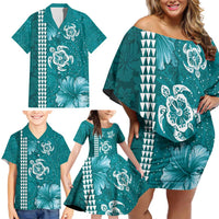 Teal Hibiscus Turle Family Matching Off Shoulder Short Dress and Hawaiian Shirt Hawaiian Style Tribal Tapa Pattern LT9 - Polynesian Pride