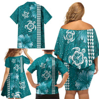 Teal Hibiscus Turle Family Matching Off Shoulder Short Dress and Hawaiian Shirt Hawaiian Style Tribal Tapa Pattern LT9 - Polynesian Pride