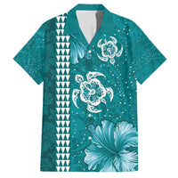 Teal Hibiscus Turle Family Matching Off Shoulder Short Dress and Hawaiian Shirt Hawaiian Style Tribal Tapa Pattern LT9 Dad's Shirt - Short Sleeve Teal - Polynesian Pride