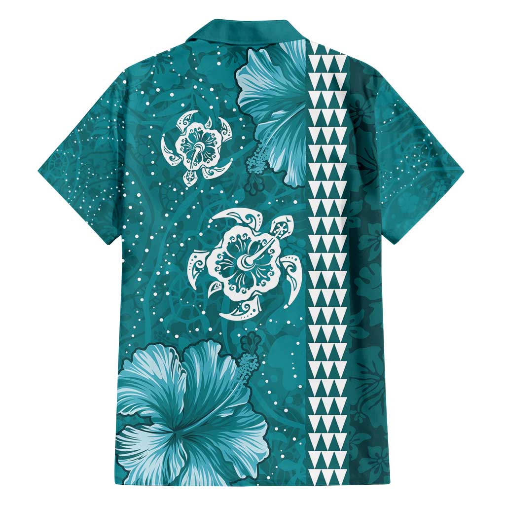 Teal Hibiscus Turle Family Matching Off Shoulder Short Dress and Hawaiian Shirt Hawaiian Style Tribal Tapa Pattern LT9 - Polynesian Pride