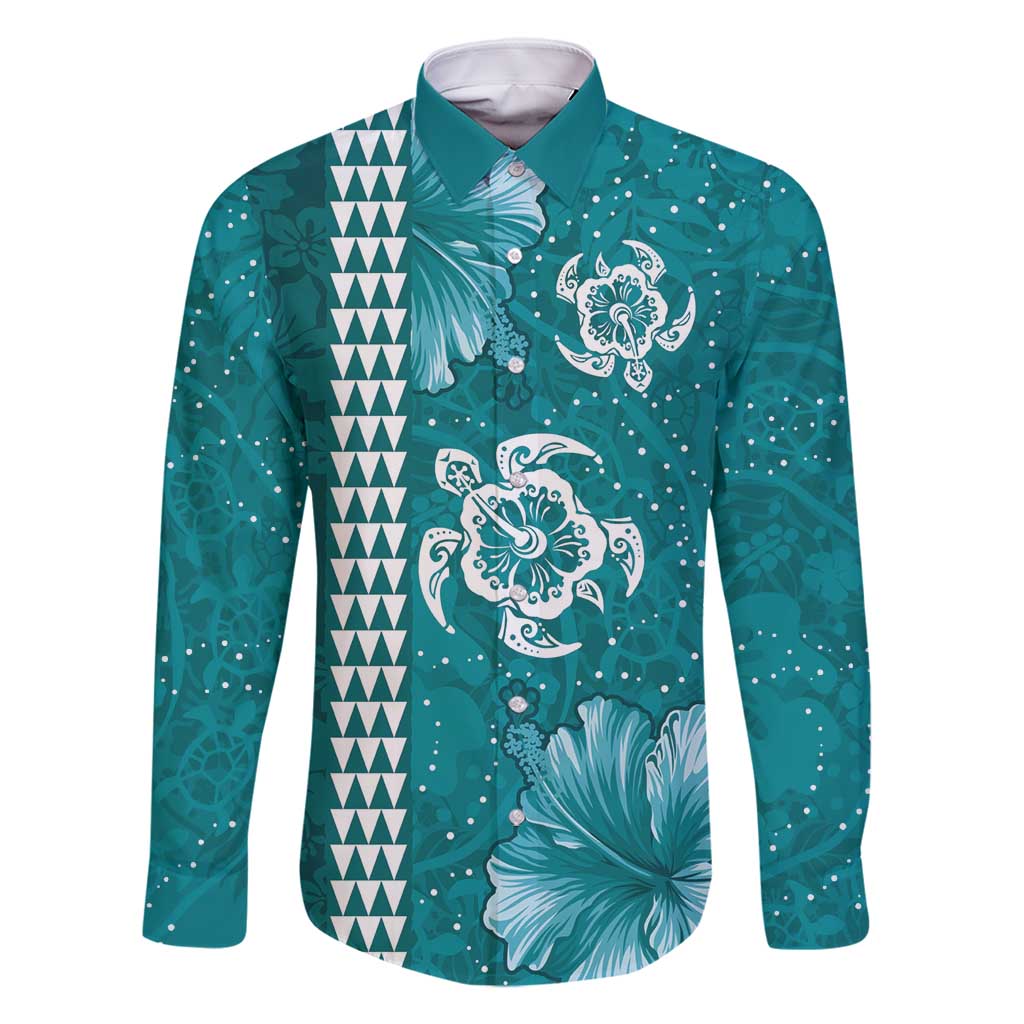 Teal Hibiscus Turle Family Matching Off Shoulder Short Dress and Hawaiian Shirt Hawaiian Style Tribal Tapa Pattern LT9 Dad's Shirt - Long Sleeve Teal - Polynesian Pride