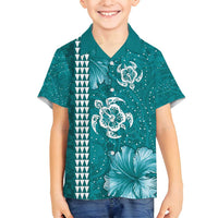 Teal Hibiscus Turle Family Matching Off Shoulder Short Dress and Hawaiian Shirt Hawaiian Style Tribal Tapa Pattern LT9 Son's Shirt Teal - Polynesian Pride